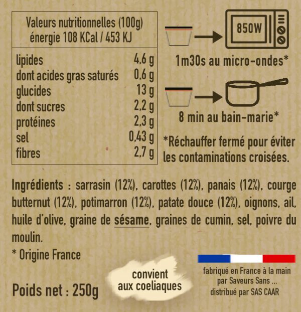 Valeurs nutritionelle Sarrasin aux légumes